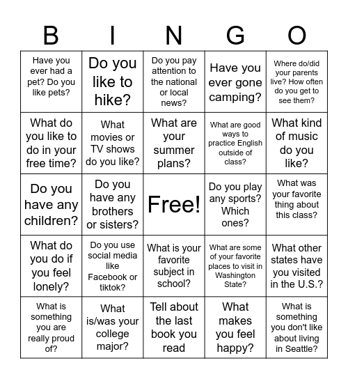 Last Day of Class Bingo Card