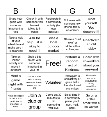 Social Wellness Bingo Card