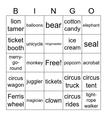 Circus Fun Bingo Card