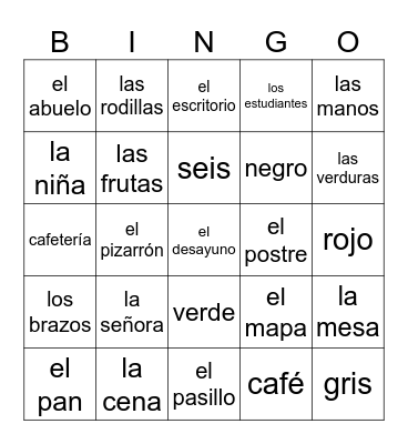 Vocabulario MIxto Bingo Card