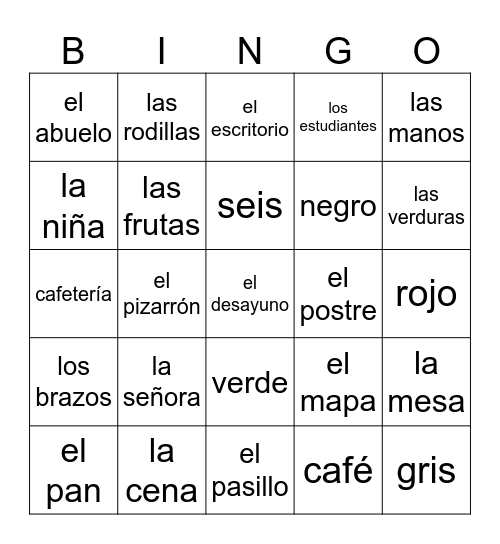 Vocabulario MIxto Bingo Card