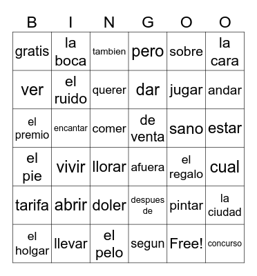 Spanish Regents Words Bingo Card