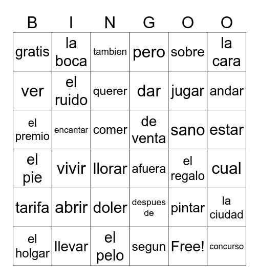 Spanish Regents Words Bingo Card