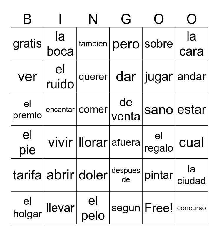 Spanish Regents Words Bingo Card