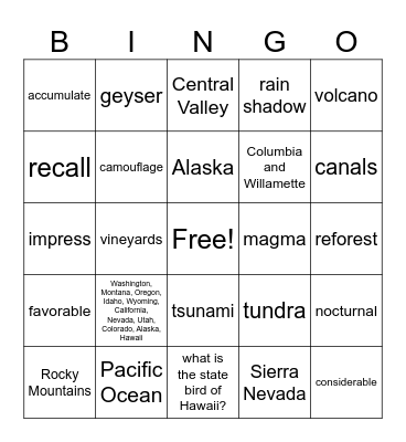 The West Lessons 1-3 Grade 4 Bingo Card