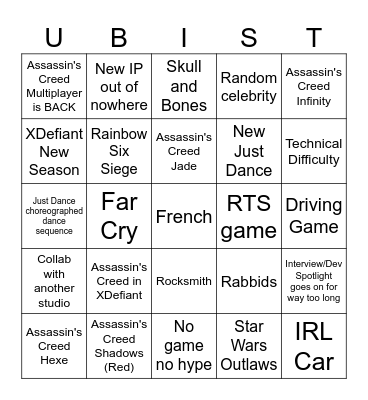Ubisoft Forward Bingo Card
