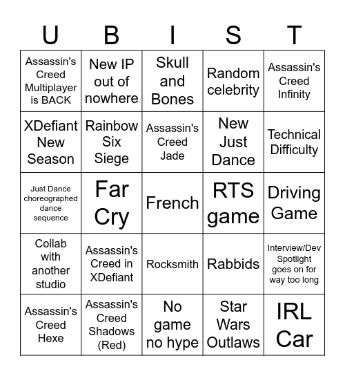 Ubisoft Forward Bingo Card