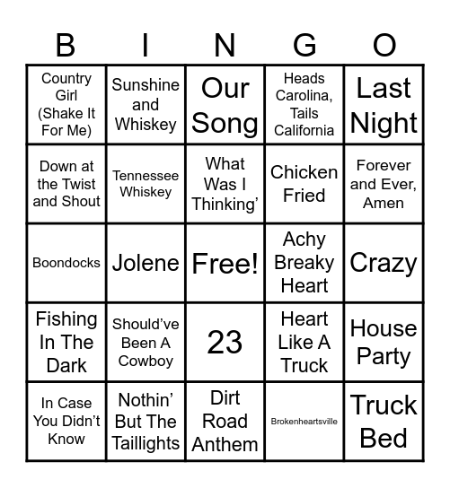 Piccadilly's and Summit Events Country Music Bingo Card