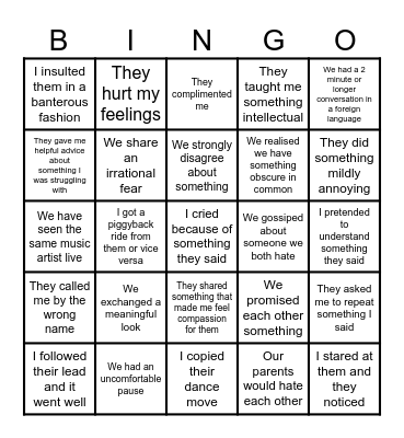 Mercury's Interaction Bingo Card