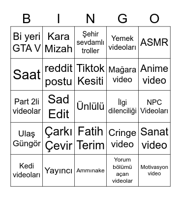 Instagram Reels bingo Card