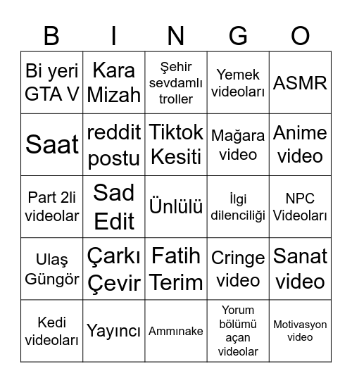 Instagram Reels bingo Card