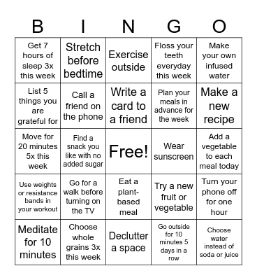 Summer Wellness Challenge Bingo Card