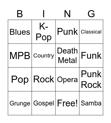 Musical Genres Bingo Card