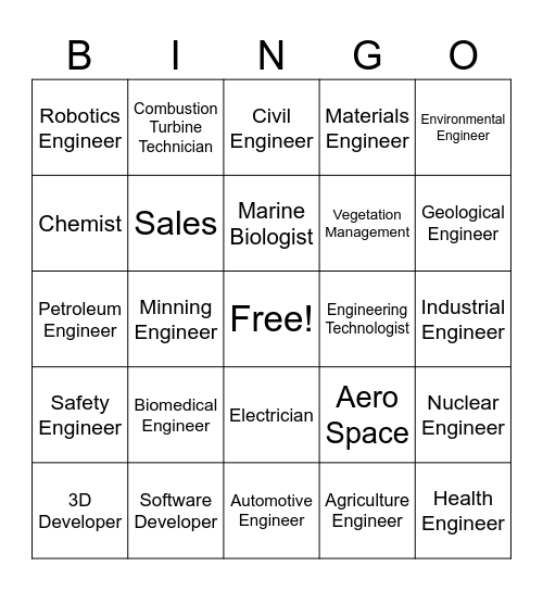 I want to be an Engineer. Bingo Card