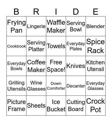 Kim's Bridal Shower Bingo Card