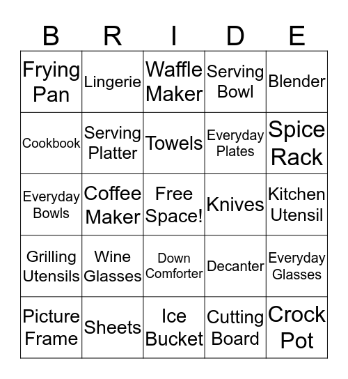 Kim's Bridal Shower Bingo Card