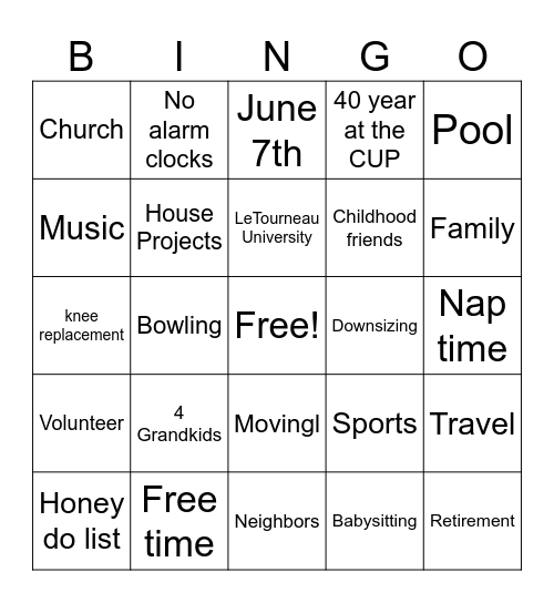 Retirement Bingo Card