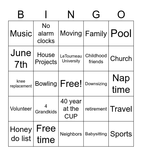 Retirement Bingo Card