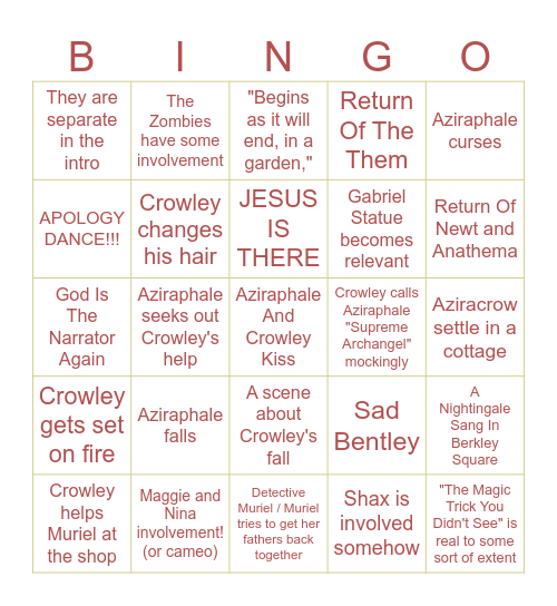 GOOD OMENS BINGO!!!!!!! Bingo Card