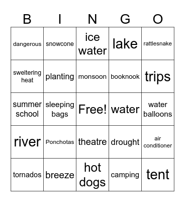 Summer Words Bingo Card
