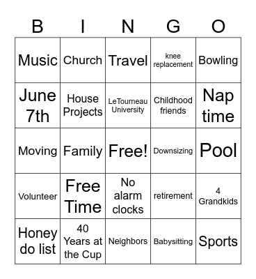 Retirement Bingo Card