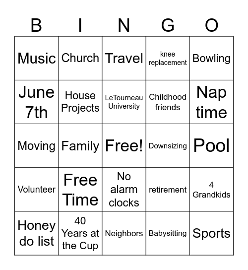 Retirement Bingo Card