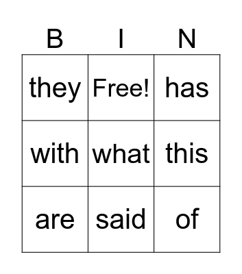 Sight Words Bingo Card