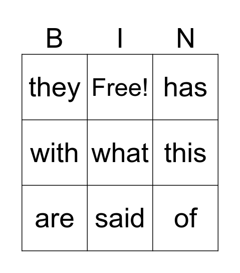 Sight Words Bingo Card