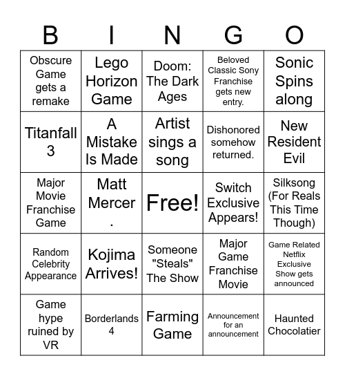 Summer Game Fest Bingo Card