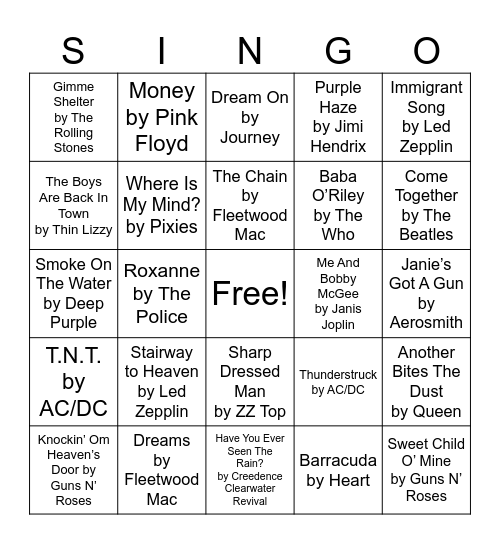 Classic Rock Bingo Card