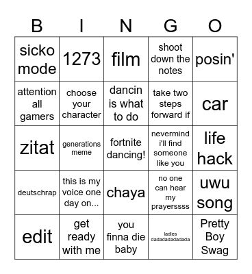 Tik Tok Bingo Card