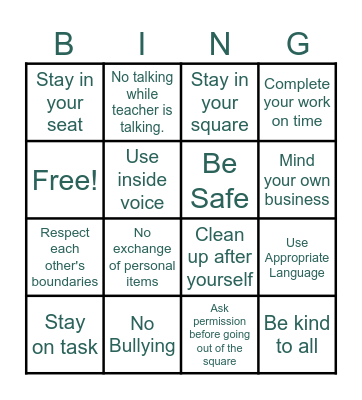 Classroom Expectation Bingo Card