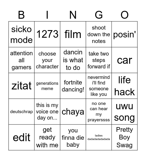 Tik Tok Bingo Card