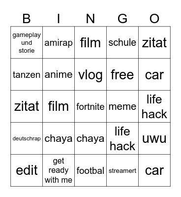 Tik Tok Bingo Card