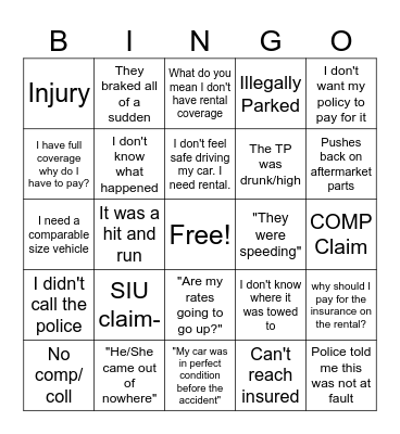 CLAM ADJUSTER THINGS Bingo Card