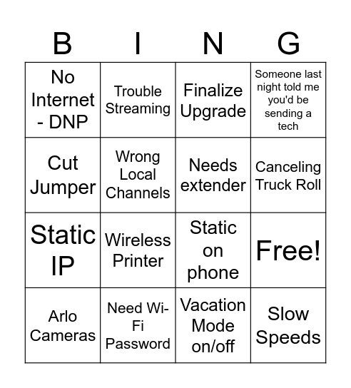 Tech Support Bingo Card