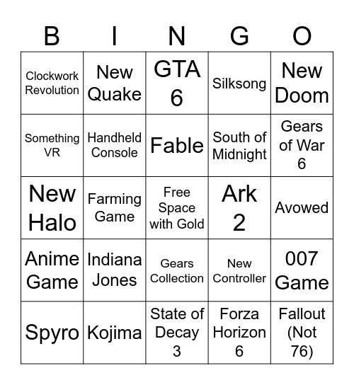 2024 Xbox Showcase Bingo Card