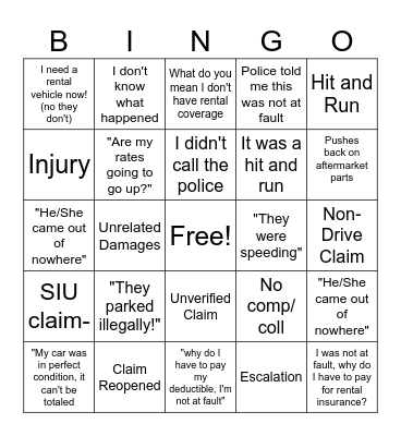CLAM ADJUSTER THINGS Bingo Card