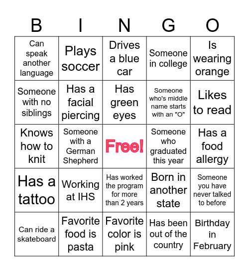 YEP- get to know each other Bingo Card