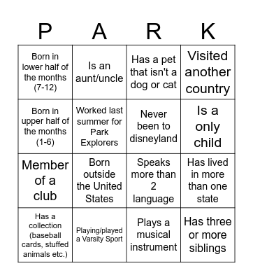 Park Explorers: "Bingo" Bingo Card