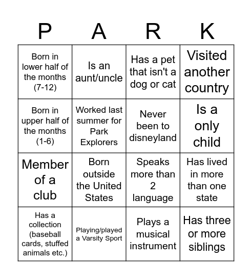 Park Explorers: "Bingo" Bingo Card