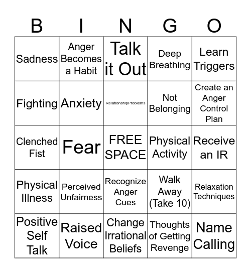 Anger Bingo Card