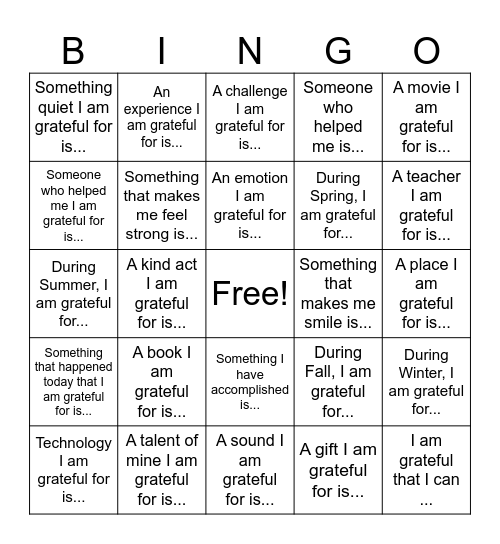 Gratitude Bingo Card