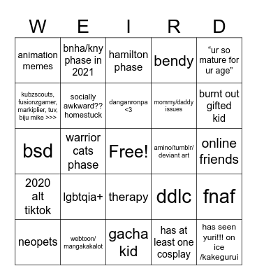 weird kid bingo lol Bingo Card