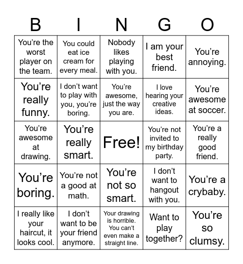 Mean vs Friendly Bingo Card