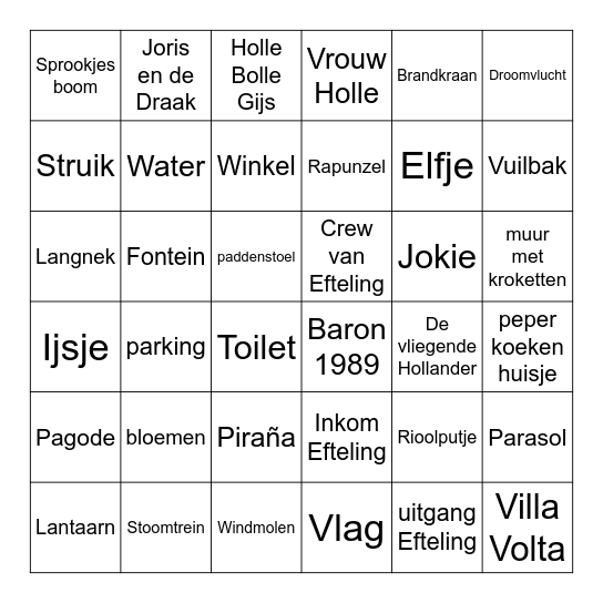 Tess haar eigen Efteling foto bingo Card