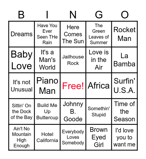 Name That Tune! Bingo Card