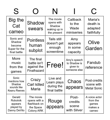 Sonic Movie 3 Bingo Card