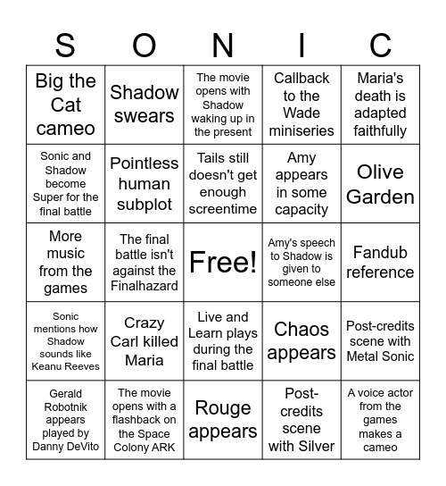 Sonic Movie 3 Bingo Card