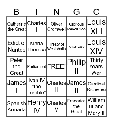 European Monarch Bingo Card